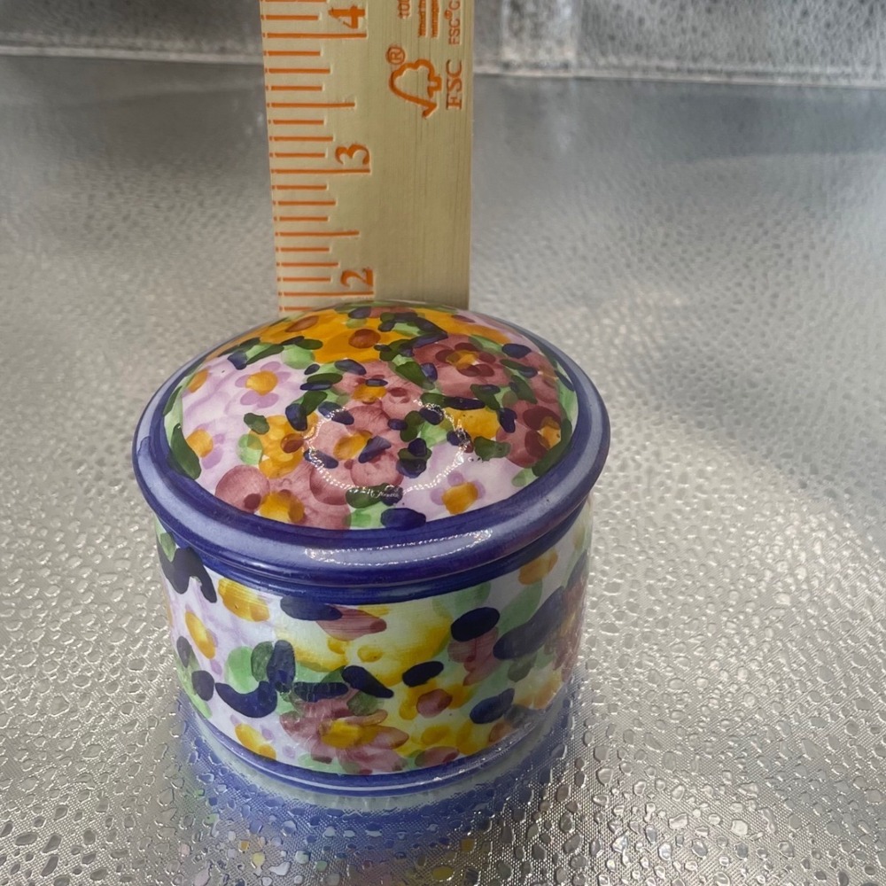 Hand Painted Portugal Ceramic Floral Trinket Box Round Lidded Jewelry Jar 36